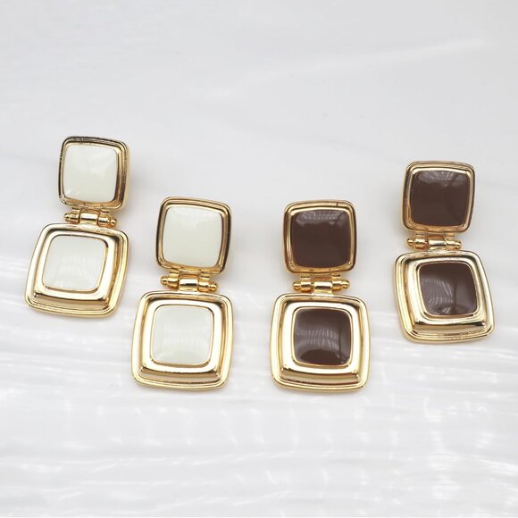 Cream Cute Gold Geometric Statement Jewelry Dangle Drop Earrings for Women - Picture 5 of 7